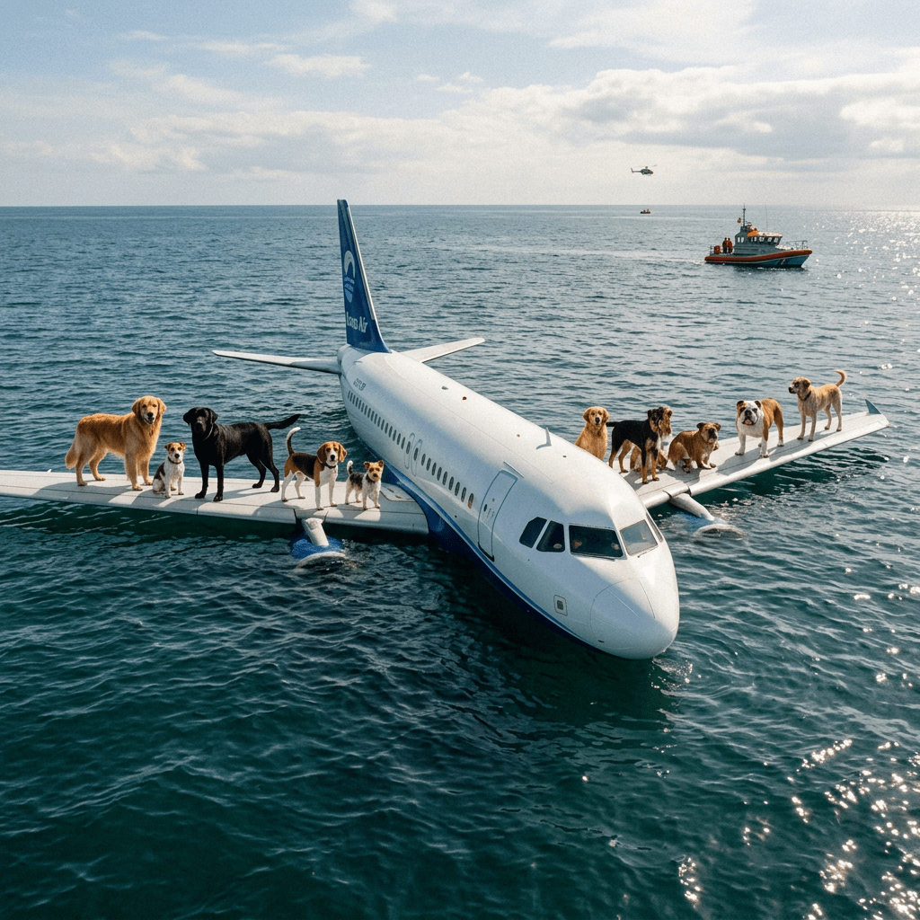 Airplane floating in ocean with ten dogs standing on its wings and rescue boat nearby